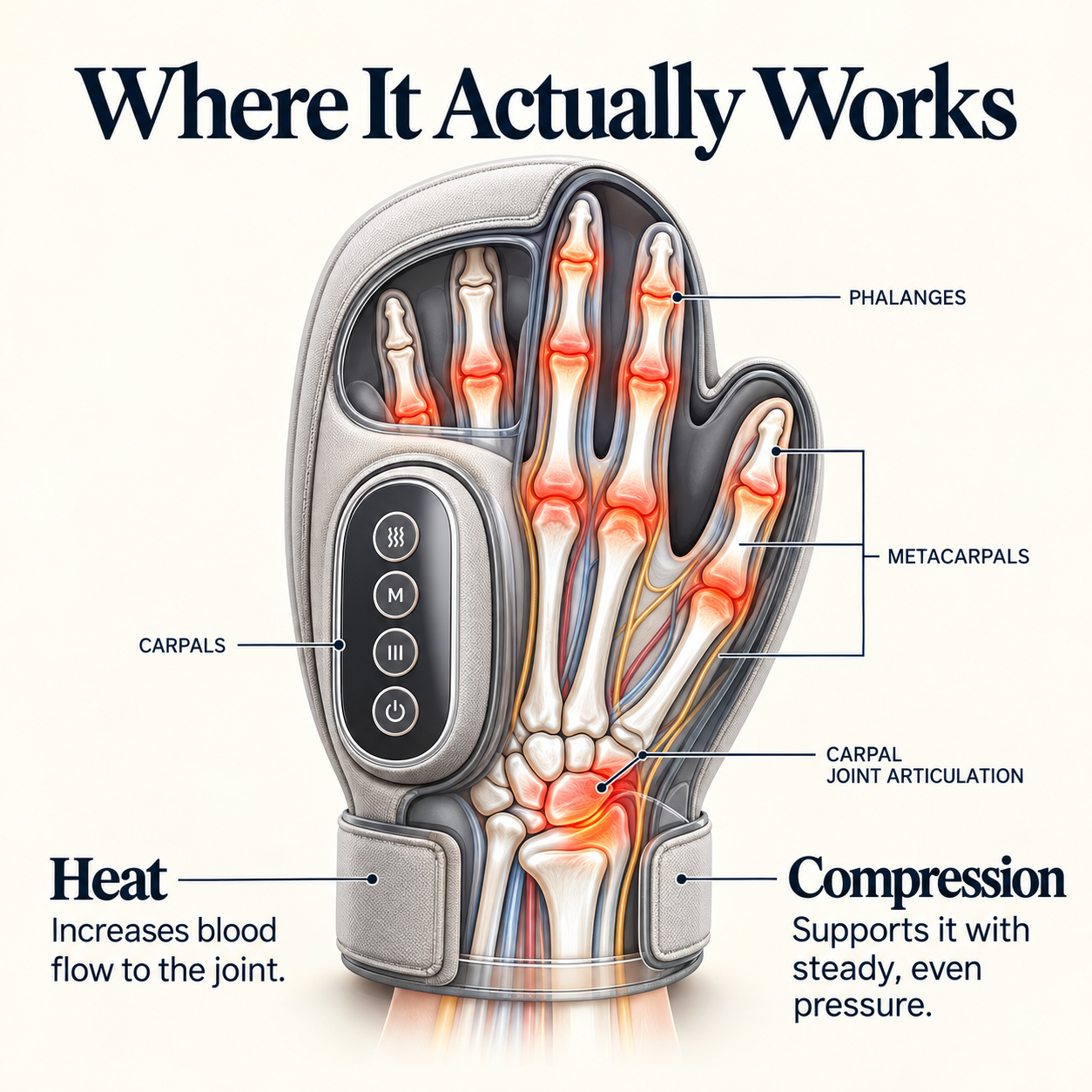 Nevaro heat and compression hand massager showing targeted areas of the hand